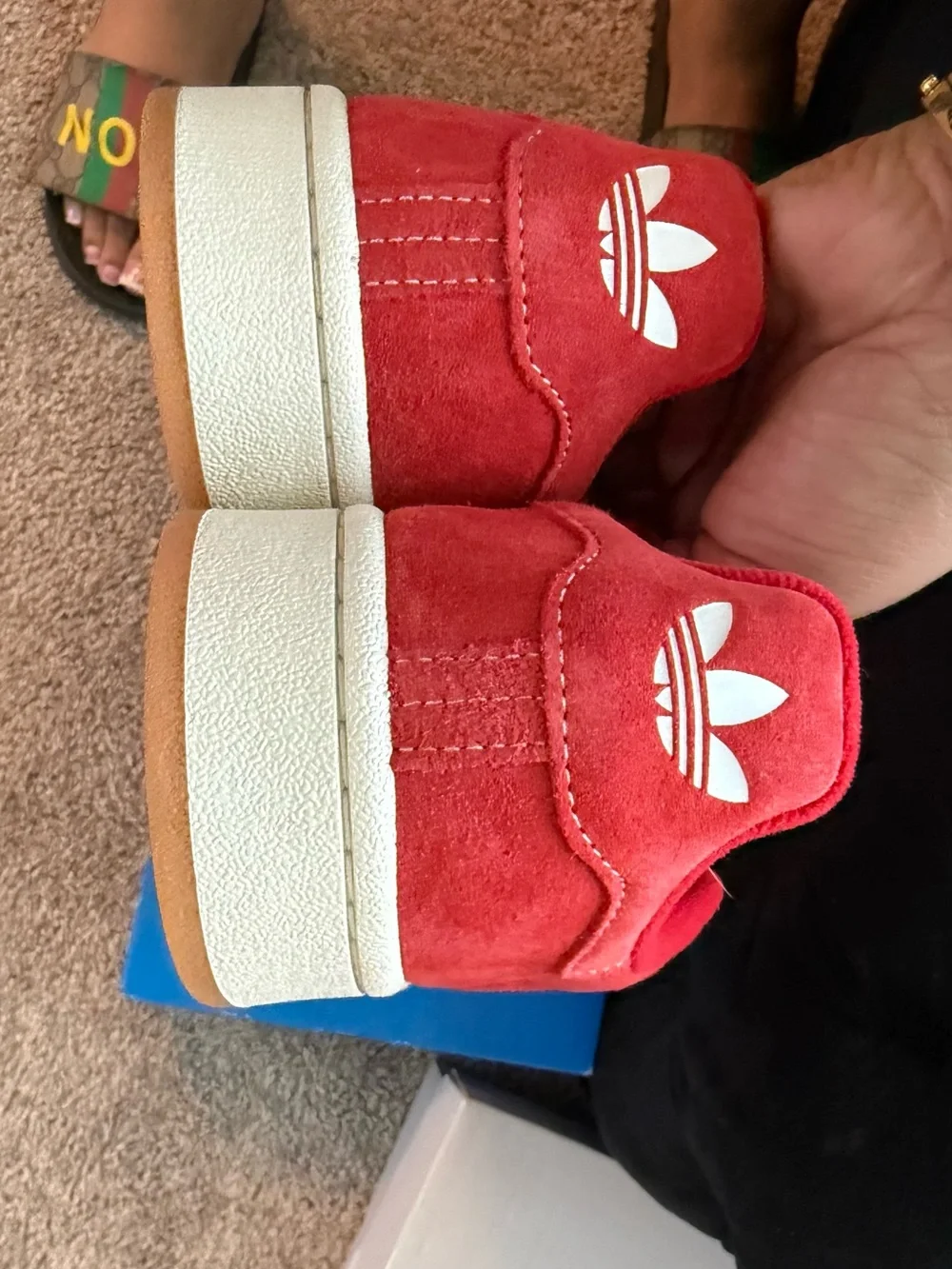 adidas Women’s Red Suede Sneakers with White Stripes